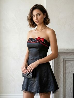 Vintage Jessica Black White Polka Dots Strapless Red Bow Mini Cocktail Dress 8P